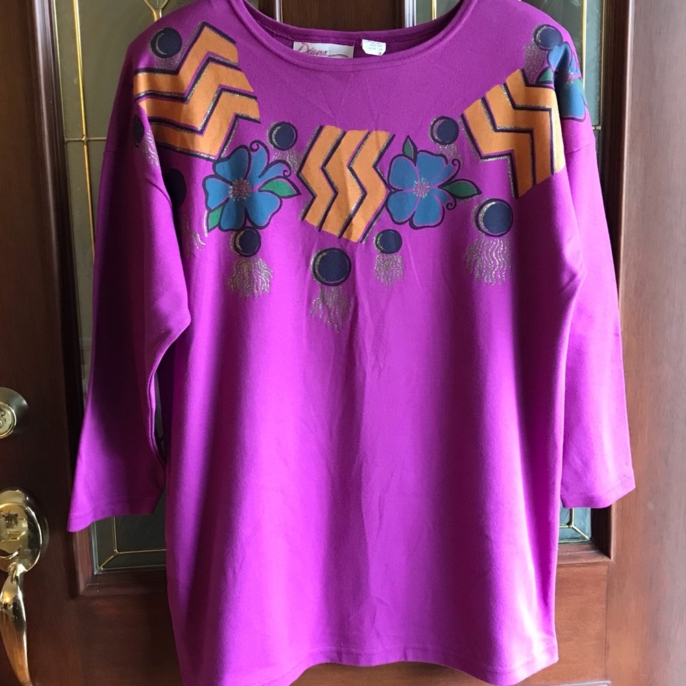 Vintage 90s Oversized Graphic Design Hot Fuchsia Shoulder Pad Top Size 14